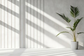 Poster - This image showcases a minimalist white wall featuring vertical lines complemented by a potted plant in the corner, with sunlight casting diagonal shadows on the wall.