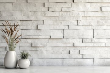 Poster - Light gray textured stone wall with two contemporary planters filled with natural and artificial plants, presenting a minimalist and serene interior decor style.