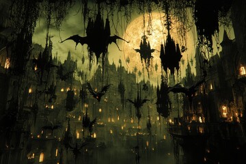 Surreal fantasy landscape with floating islands, glowing lights, and bat silhouettes in the sky