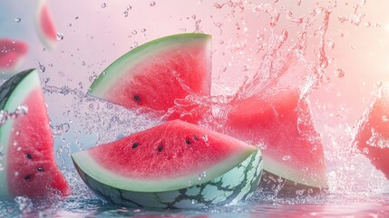 Poster - Airborne watermelon slices with water splashes, blending digital illustration and matte painting techniques