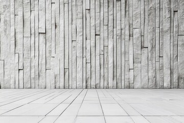 Poster - An image featuring gray stone tiles arranged in varying rectangular forms on both the floor and wall, emphasizing texture, pattern, and modern architectural design for interiors.