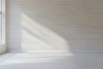 Aufkleber - A bright, empty room with a wooden plank wall and floor, bathed in natural light from a window, creating a warm and inviting atmosphere ideal for interior design.