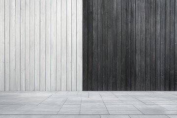 Poster - Image showcasing a contrasting wooden wall with one white half and one black half, merging atop a grey tiled floor, embracing modern and minimalist design elements.