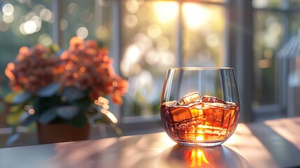 Wall Mural - Glass of Whiskey with Ice Cubes on a Windowsill