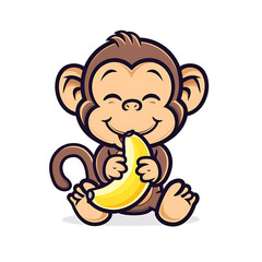 Wall Mural - a cartoon monkey eating a banana, vector illustration on a white background, generative ai