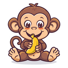 Wall Mural - a cartoon monkey eating a banana, vector illustration on a white background, generative ai