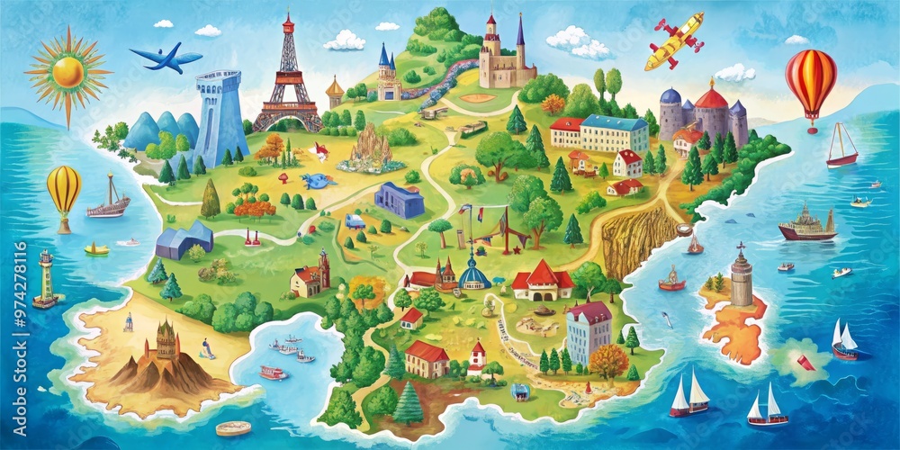 A colorful map of Vietnam with various pho regions highlighted, natural lighting, overhead shot