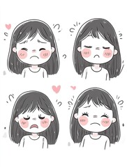 Wall Mural - A cute little girl, white background, simple black lines, hand-drawn style, anthropomorphic expression of various emotions such as happy and sad, cartoon sticker design