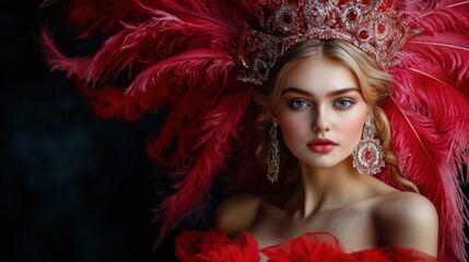 Beautiful Woman in Vibrant Carnival Costume with Feathers