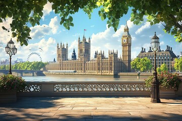 Beautiful view of London with Big Ben and Palace in the background, sunny day, river Thames