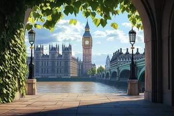 Beautiful view of London with Big Ben and Palace in the background, sunny day, river Thames