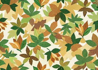 Vibrant digital camouflage pattern featuring green, brown, and tan shapes, abstract leaves, and geometric elements in a