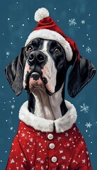 Sticker - illustration of a Great Dane wearing christmas clothes, blue background.