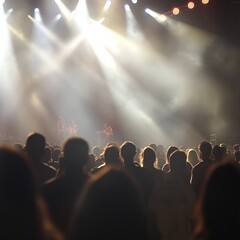 Público disfrutando de un concierto en vivo con luces brillantes iluminando el escenario, ambiente festivo