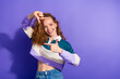 © deagreez - Photo of nice charming young girl show cadre gesture empty space isolated on violet color background
