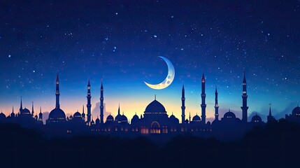 Wall Mural - Crescent moon and mosque silhouette on a dark blue background, perfect for Ramadan and Eid-themed visuals,