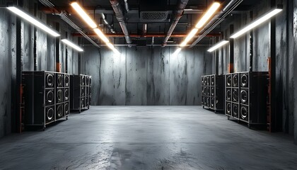 Wall Mural - Moody Atmosphere of an Empty Professional Studio with Concrete Walls and Smoke Effects