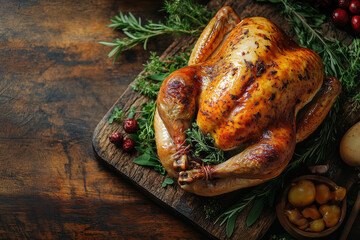 Traditional American Thanksgiving turkey basted to a succulent golden-brown surrounded by fresh vegetables on an antique wooden table isolated on a gradient background, top view