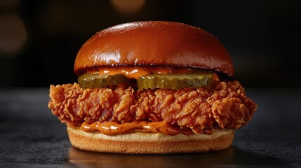 Canvas Print - Crispy fried chicken sandwich with pickles and spicy mayo on a toasted bun