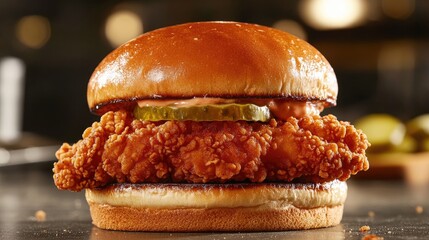 Poster - Crispy fried chicken sandwich with pickles and spicy mayo on a toasted bun