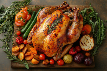 Traditional American Thanksgiving turkey basted to a succulent golden-brown surrounded by fresh vegetables on an antique wooden table isolated on a gradient background, top view