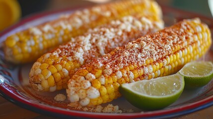 Mexican-style corn on the cob, dusted with chili powder and cheese