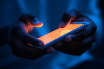 Poster - Close-up of Hands Holding a Smartphone with Bright Screen