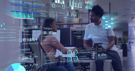 Poster - Image of diagrams and data processing over diverse colleagues discussing work in office