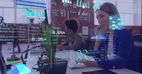 Poster - Image of diagrams and data processing over diverse colleagues using phone headsets in office