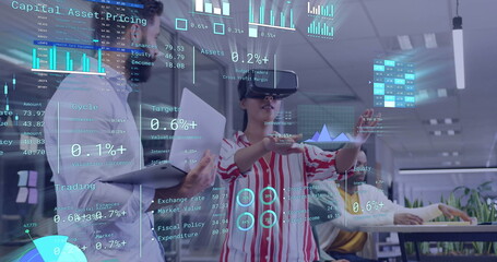 Poster - Image of diagrams and data processing over diverse colleagues using vr headset in office