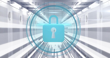 Poster - Image of padlock icon and digital data processing over computer servers