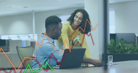Poster - Image of financial data processing over diverse colleagues discussing work in office