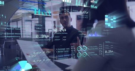 Poster - Image of diagrams and data processing over diverse colleagues discussing work in office