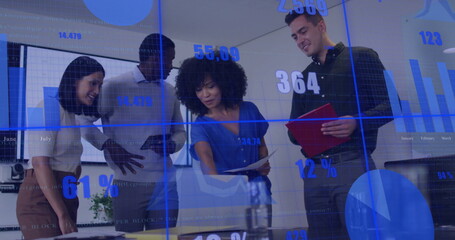 Poster - Image of diagrams and data processing over diverse colleagues discussing work in office