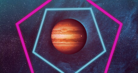 Poster - Image of colourful shapes over planet on sky with stars