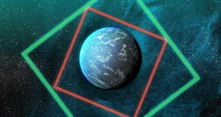 Poster - Image of colourful shapes over planet on sky with stars