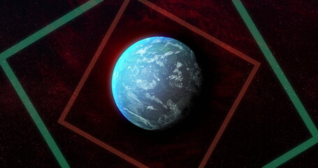 Poster - Image of colourful shapes over planet on sky with stars
