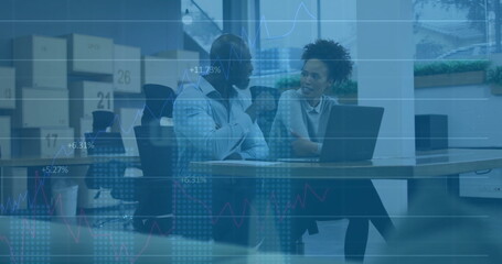 Poster - Image of financial data processing over diverse business people using laptop