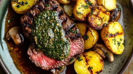 Wall Mural - Grilled Steak with Chimichurri and Roasted Potatoes