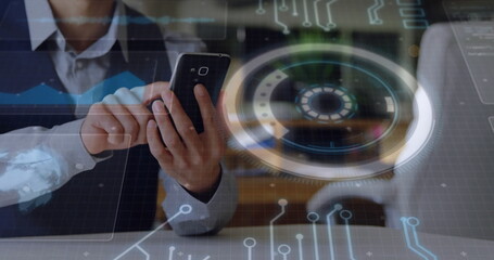 Poster - Image of data processing and scope scanning over caucasian man using smartphone