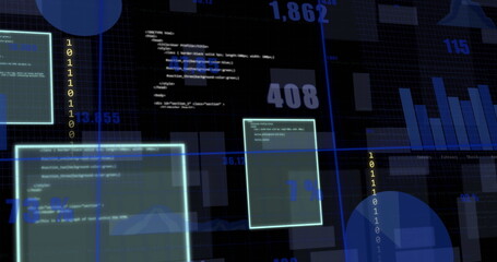 Poster - Image of charts and processing data interface screens on black background