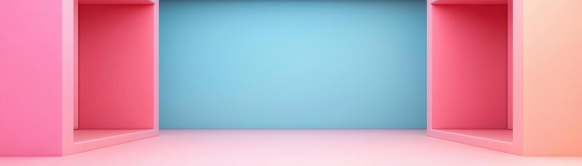 Poster - A colorful modern interior scene featuring pink and blue shelves, ideal for showcasing products or designs in a vibrant setting.