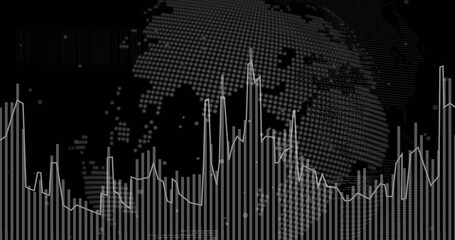 Poster - Image of white pixel globe and graph processing data on black background