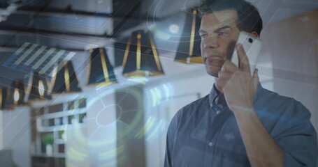 Poster - Image of data processing and scope scanning over caucasian man talking on smartphone