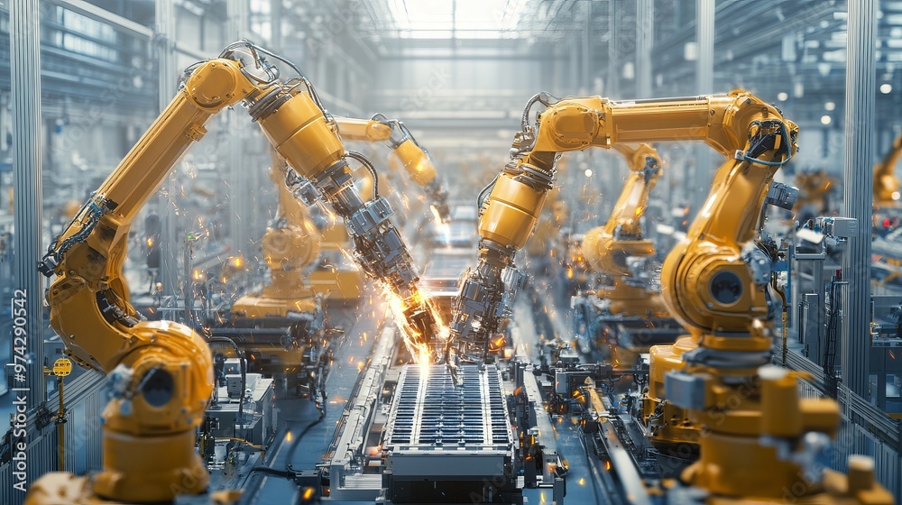 Robotic arms on an assembly line work together to build electric car ...