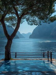 Poster - The sea is calm, there's an empty boxing ring on the street by the seaside and a pine tree in front of it