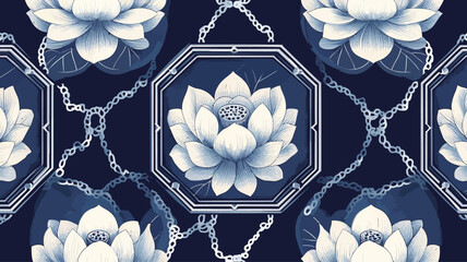 Wall Mural - Vector seamless pattern with lotus flowers and chains on dark blue background.