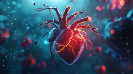 Poster - Detailed 3D Render of a Human Heart with Vivid Lighting and Abstract Background