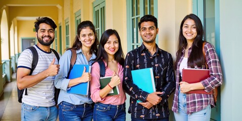 Indian College Students Posing with a Thumbs Up in Campus Hallway with Books in Hand