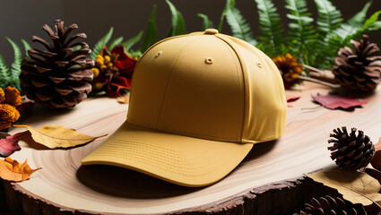 Wall Mural - Yellow Baseball Cap with Autumnal Decorations on Polished Wood